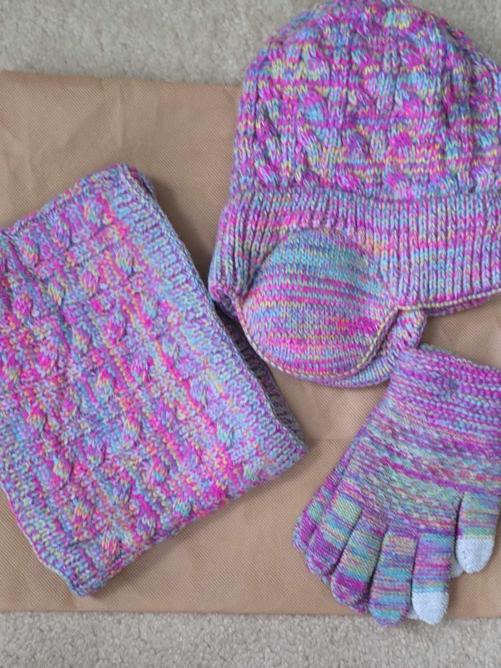 Kids Knit Hat, Scarf & Five-Toe Gloves Set - Pink Multi